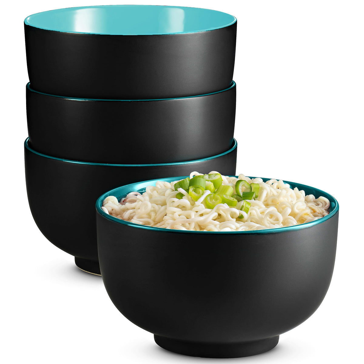 KooK Ramen Bowl, Japanese Bowls, Noodle Bowls, Large Soup Bowl, Ceramic, Large Capacity, For Ramen, Pho, Udon, Soba, Microwave and Dishwasher Safe, 34 oz, Set of 4 (Black/Red)