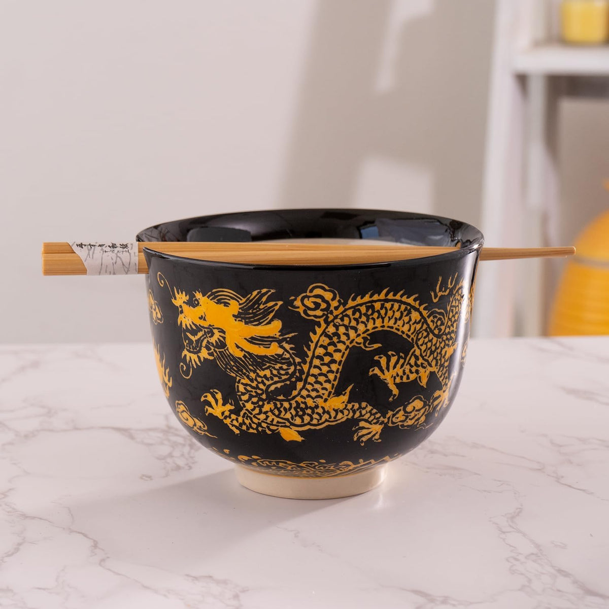Urban Tokyo Handpainted Ceramic Glazed Japanese Ramen Udon Noodle Rice Bowl With Chopsticks 20 fl oz 5 inch Diameter Bowl Sets Color Box Packaging (Oriental Dragon Black)