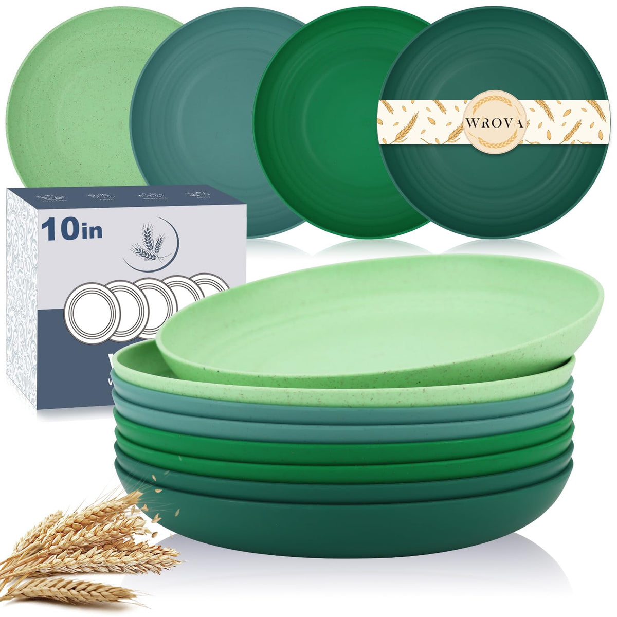 Wrova Large Wheat Straw Dinner Plates - 11 Inch Unbreakable Set of 8 - Dishwasher & Microwave Safe, Deep Edge for Kitchen and Camping (Black)