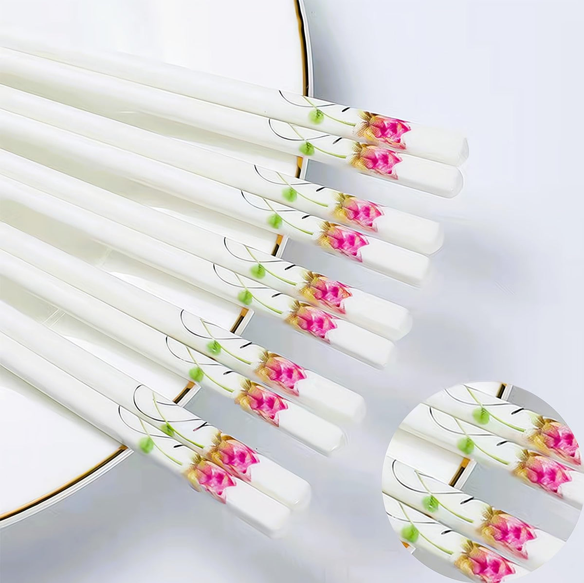 Ceramic Chopsticks 5 Pairs,Pink Peonie,Reusable Porcelain Chop Sticks