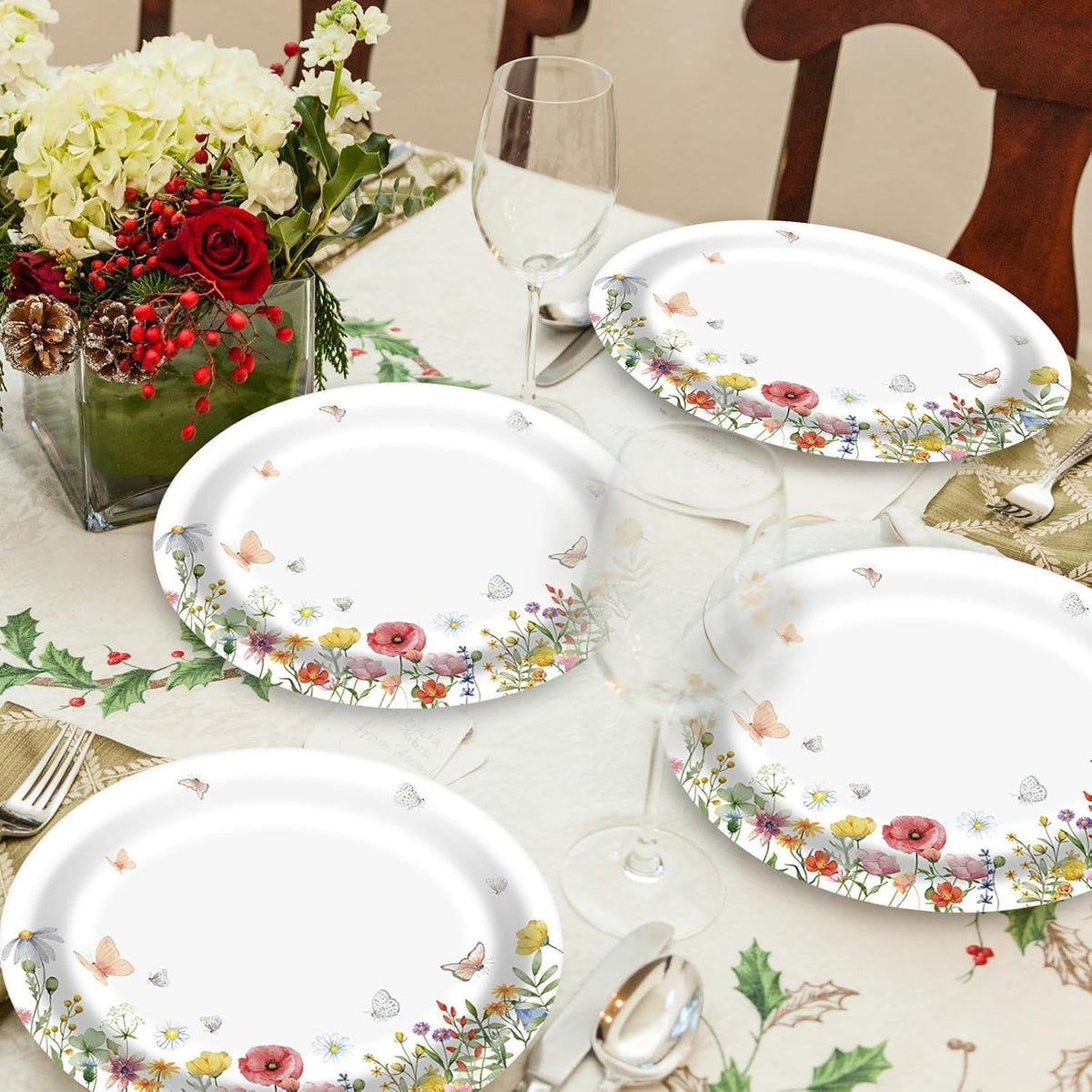 Floral Oval Paper Plates 10’’x 12’’, Large Disposable Heavy Duty Oval Paper Plates Dinner Size for Birthday Wedding Bridal Baby Shower Tea Party Supplies, 50 Guests