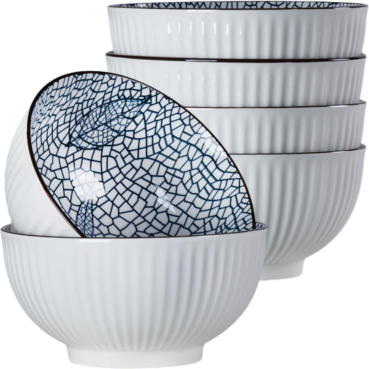 Houlu ceramic rice bowl 30 oz, Japanese bowl set, various tableware for grains, soups, desserts, snacks, fruits, Pack of 6
