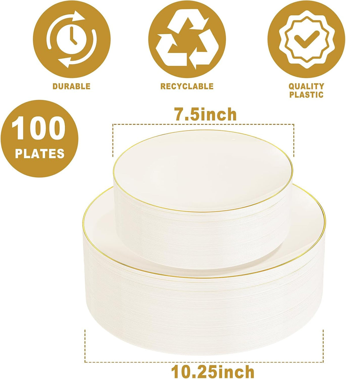 PULOTE 100PCS Ivory Plastic Plates - Cream Plastic Disposable Heavy Duty for Party & Wedding - Include 50 Each (Dinner & Dessert) Plates