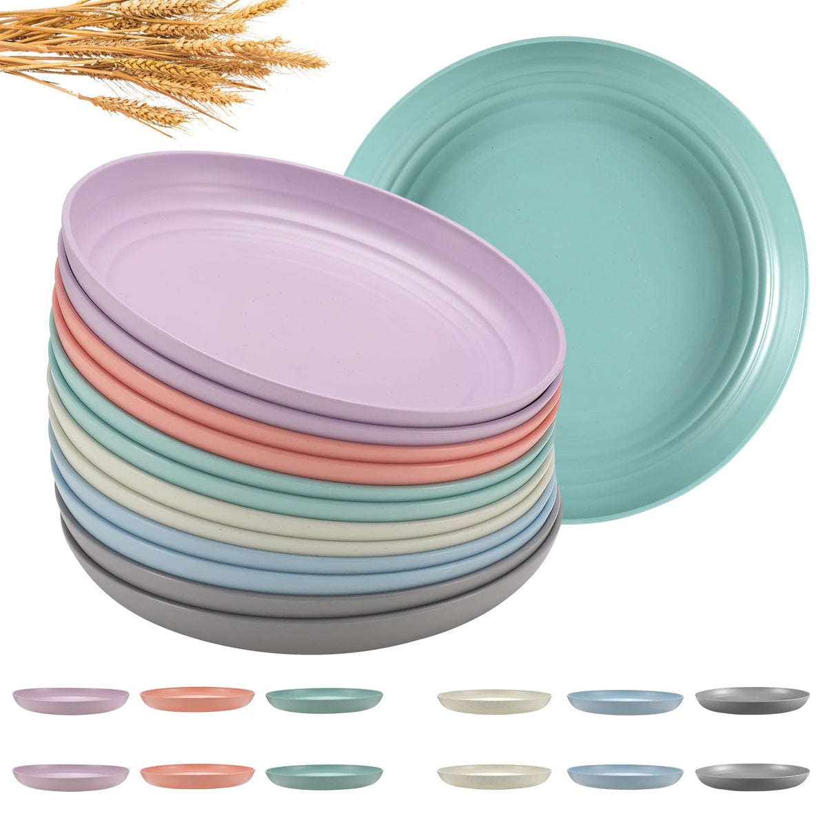 HEYCOME 12 Pcs Unbreakable Deep Dinner Plates Set, 10 inch Reusable Plastic Wheat Straw Plates, Microwave and Dishwasher Safe Plate for Kitchen, Lightweight Plate for Dessert, BPA Free, 6 Colors