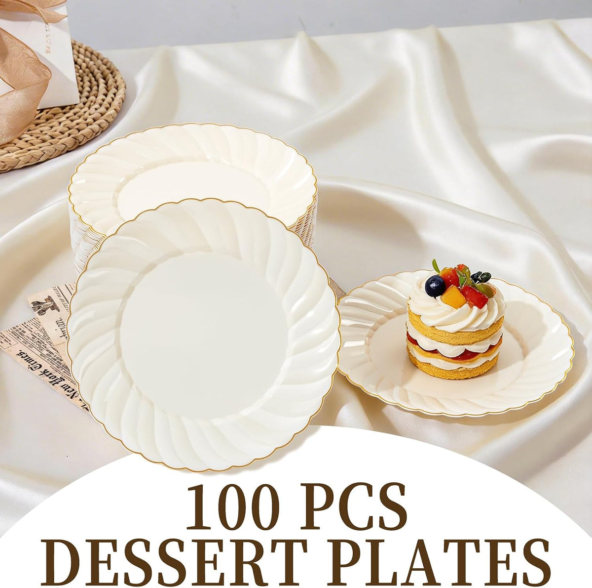 YOUBET 100Pack Ivory Scalloped Plastic Plates for Parties