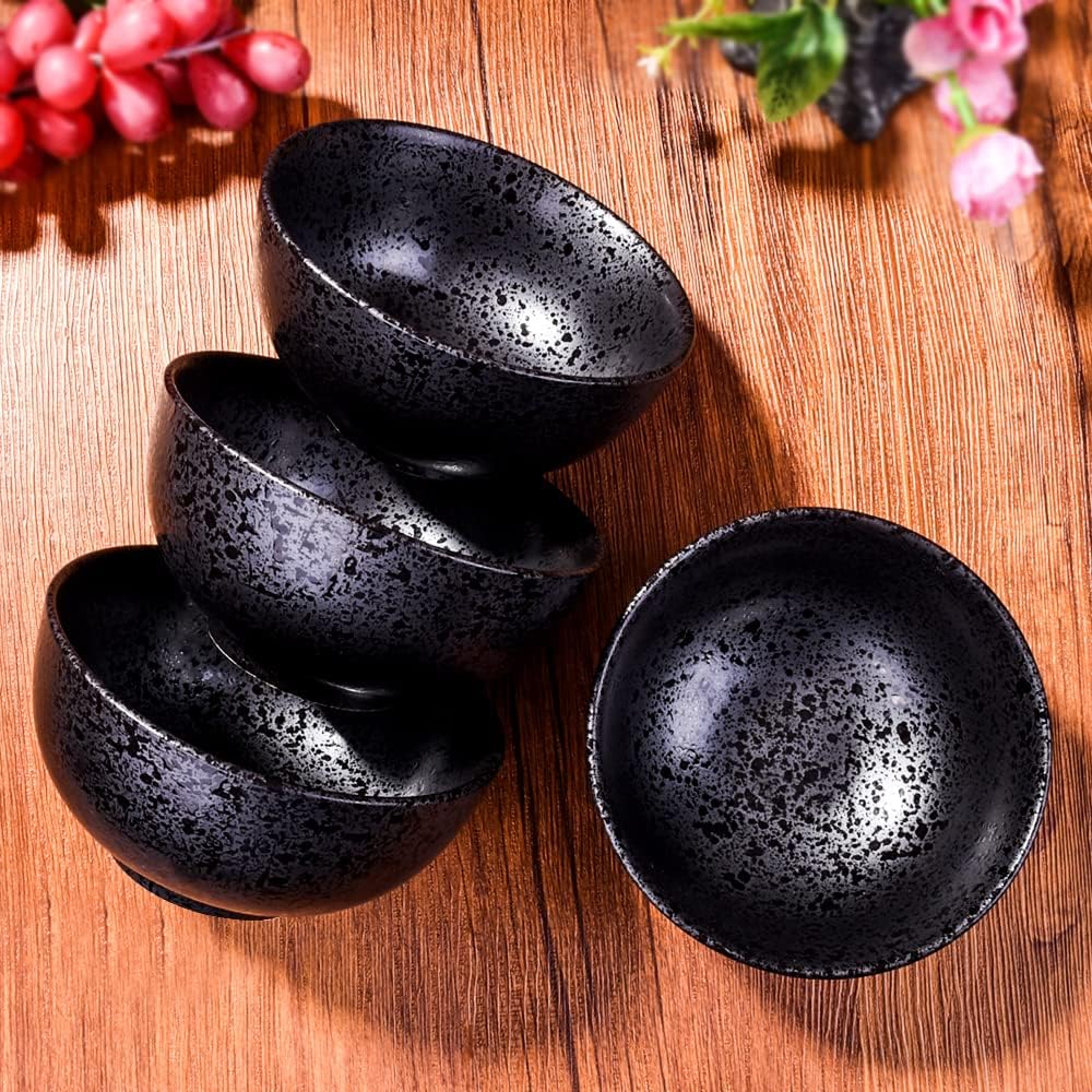 Japanese Ceramic Rice Bowl Set of 4,4.5 Inch Speckled Black Small Bowls