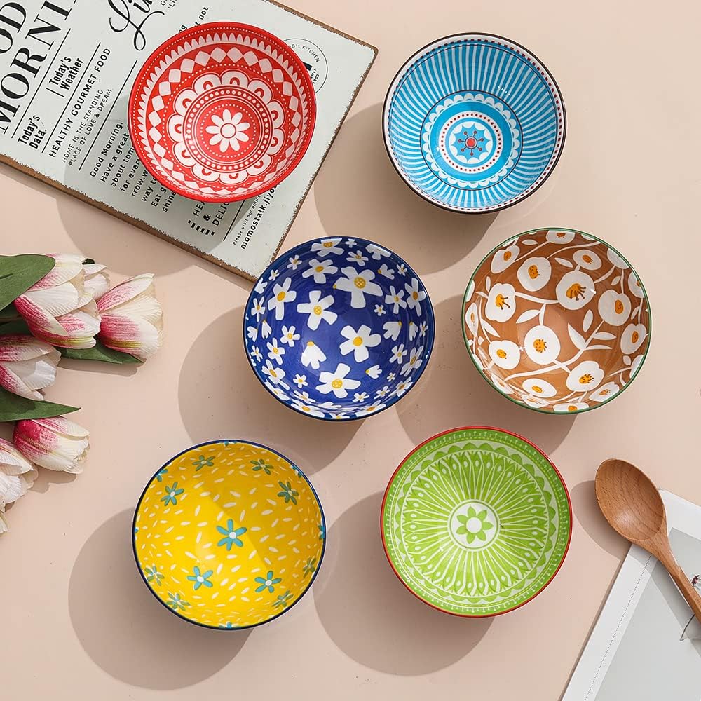 Ceramic Bowl Set Small Bowls - 6 Little Porcelain Dessert Bowls Set - 10 oz for Rice | Soup | Snack | Side Dishes | Yogurt | Ice Cream - Coloful Cute Dish Set - Microwave | Dishwasher Safe - 4.75 Inch
