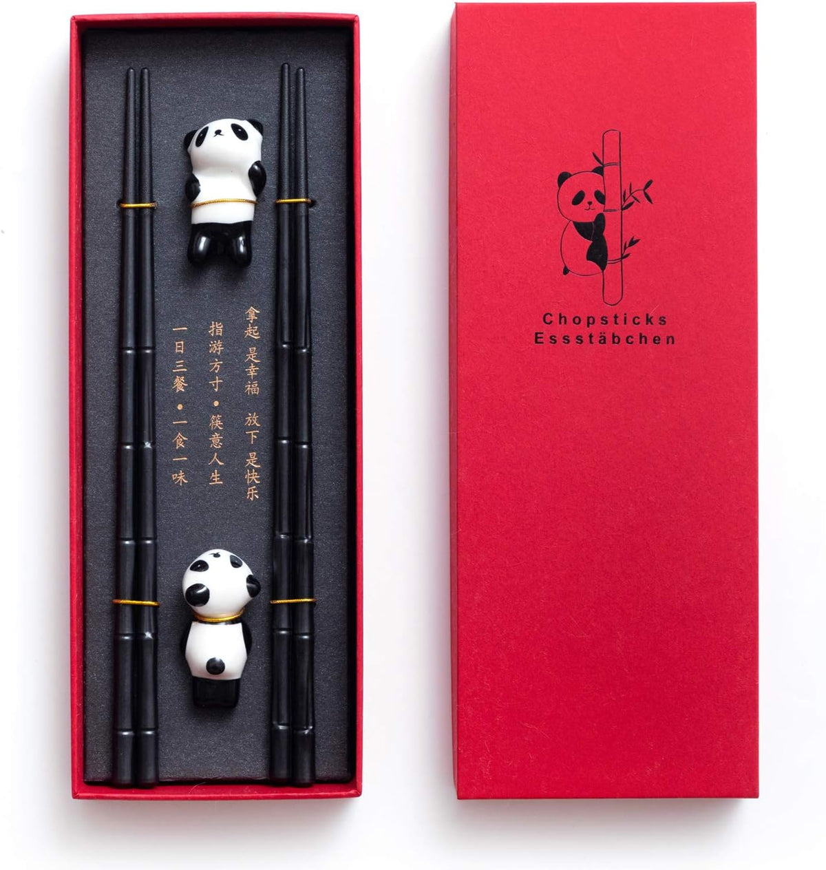 HauSun 2 Pairs Chopsticks and Chopstick Rest Gift Set- Dishwasher Safe Reusable Fiber Glass Chopsticks + Porcelain Cute Panda Chopstick Holder, Non-slip Chinese Japanese Style, Black