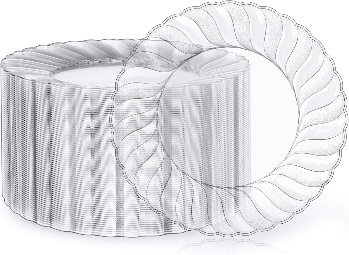 FOCUSLINE 100 Count Clear Plastic Plates, 9 Inch Disposable Dinner Plates