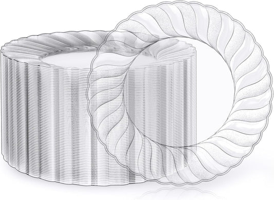 FOCUSLINE 100 Count Clear Plastic Plates, 9 Inch Disposable Dinner Plates