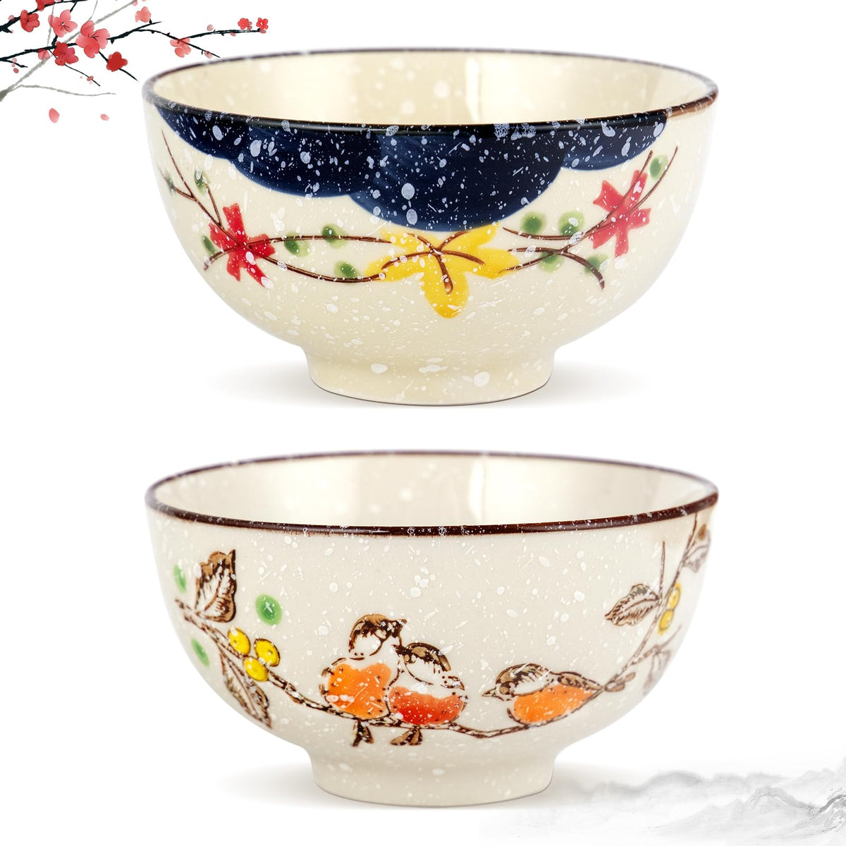 clothmile 4.5 Inch Japanese Retro Rice Bowls Set of 6 Japanese Style Hand-Painted Floral Plum Ceramic Bowls for Cereal, Soup, Dessert, Snack, Fruit, Salsa for Xmas Holiday Present