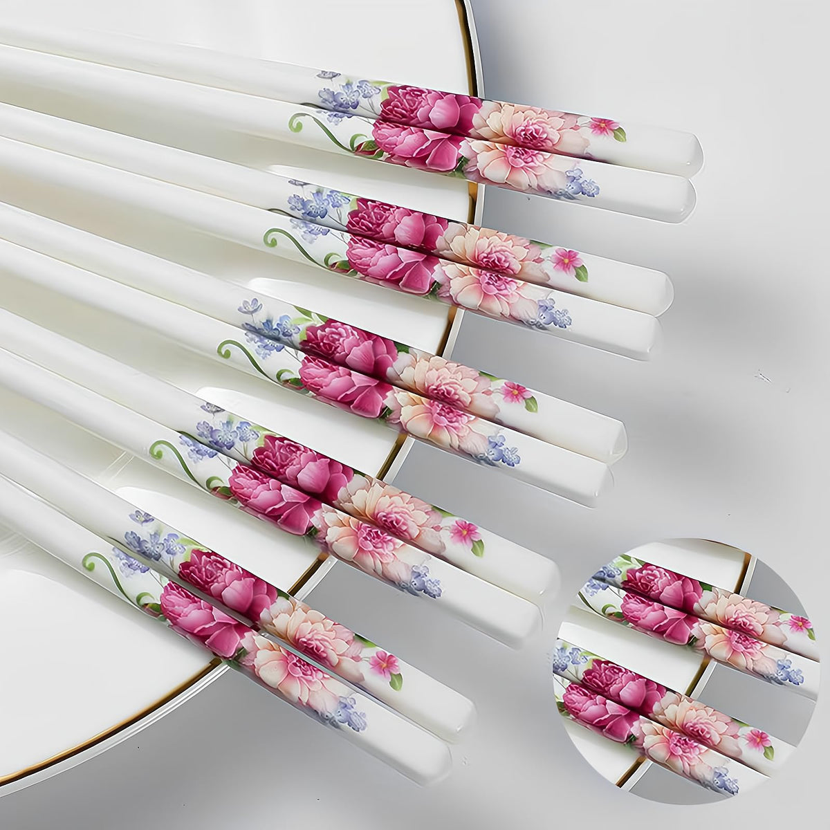 Ceramic Chopsticks 5 Pairs,Pink Peonie,Reusable Porcelain Chop Sticks