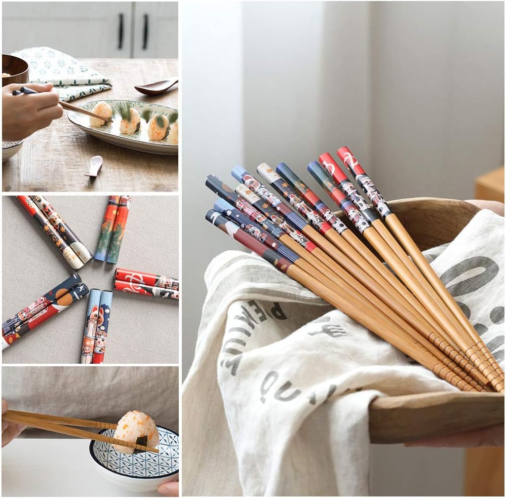 5-Pair Bamboo Chopsticks Set with Ceramic Cat Rest, Japanese-Style Gift Set