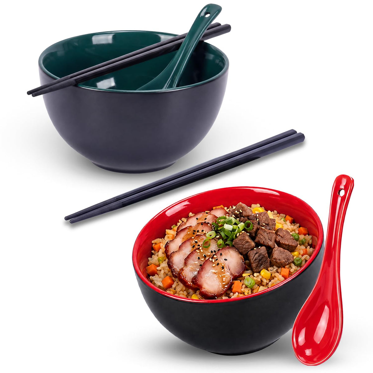 Rice Bowl Set of 2 with Chopsticks and Spoons, 5.4" Black and Green, 25 oz