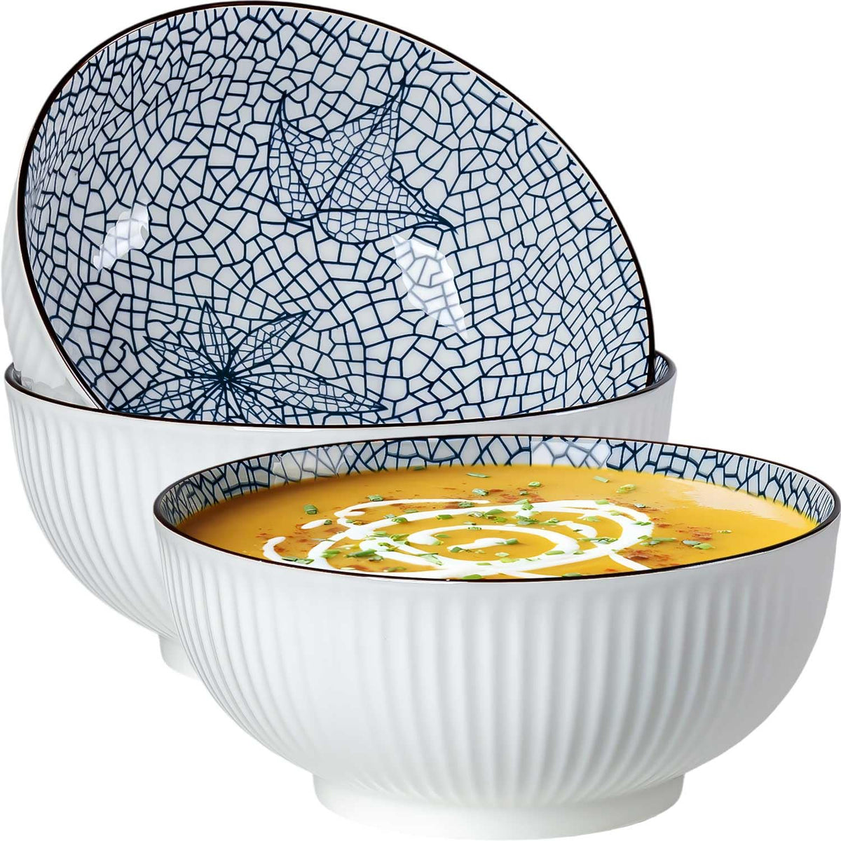 QINLANG 60 oz Large Soup Bowl, Pho Bowls, Japanese Ramen Bowls Set of 3, 8 in Blue and White Porcelain Big Bowls for Eating - 3 Mixing Patterns