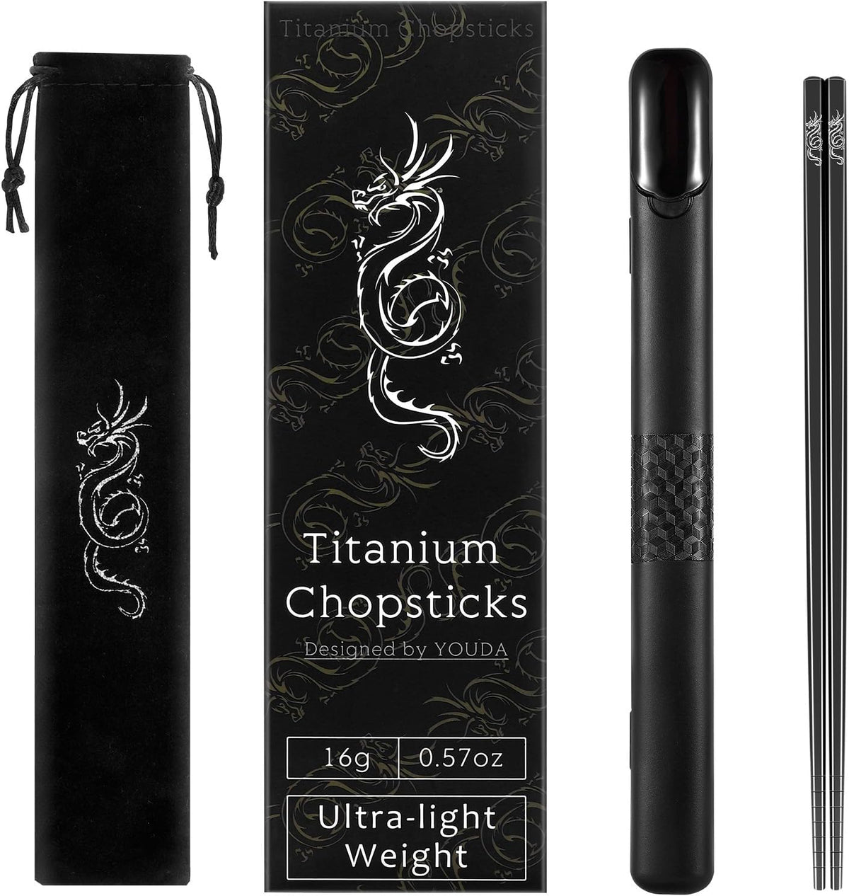 Youda 99.8% Pure TITANIUM Chopsticks 1 Pairs with Black Carrying Case Ultralight and Reusable Chopsticks for Camping, Home, Travel