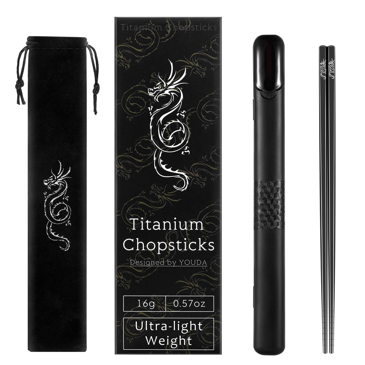 Youda 99.8% Pure TITANIUM Chopsticks 1 Pairs with Black Carrying Case Ultralight and Reusable Chopsticks for Camping, Home, Travel