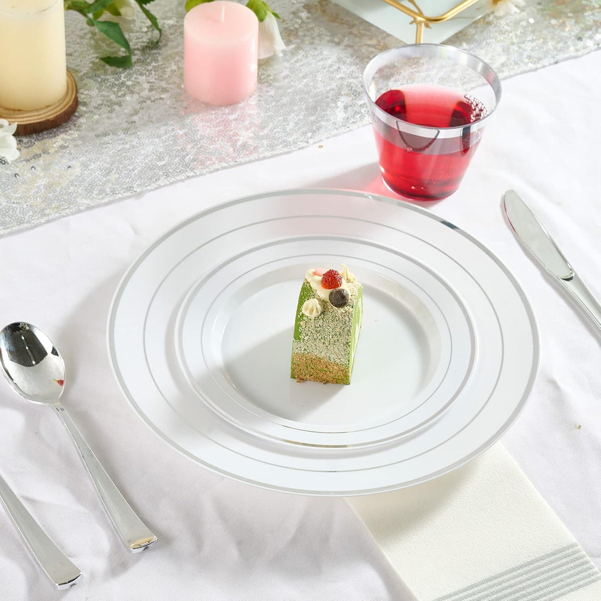 FOCUSLINE Silver Plastic Plates Set of 60,Disposable Plates with Silver Rim