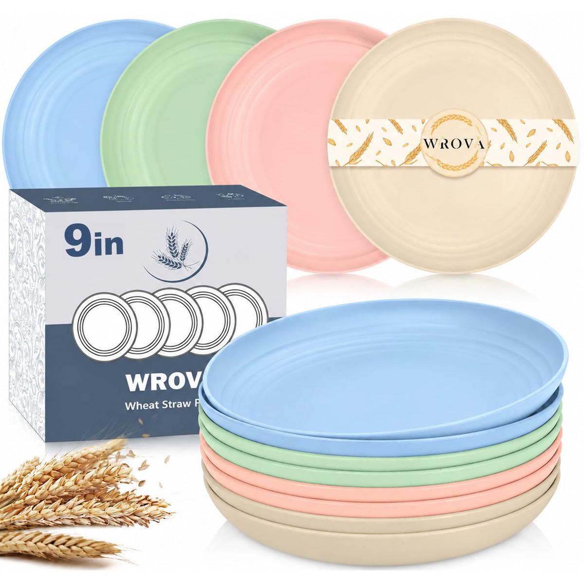 Wrova Large Wheat Straw Dinner Plates - 11 Inch Unbreakable Set of 8 - Dishwasher & Microwave Safe, Deep Edge for Kitchen and Camping (Black)