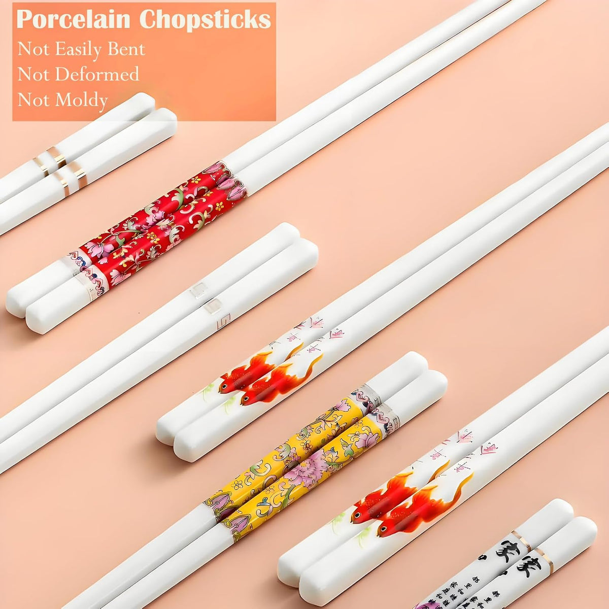 Ceramic Chopsticks Reusable,5 Pairs Porcelain Chop sticks,Red Fish,9.7''