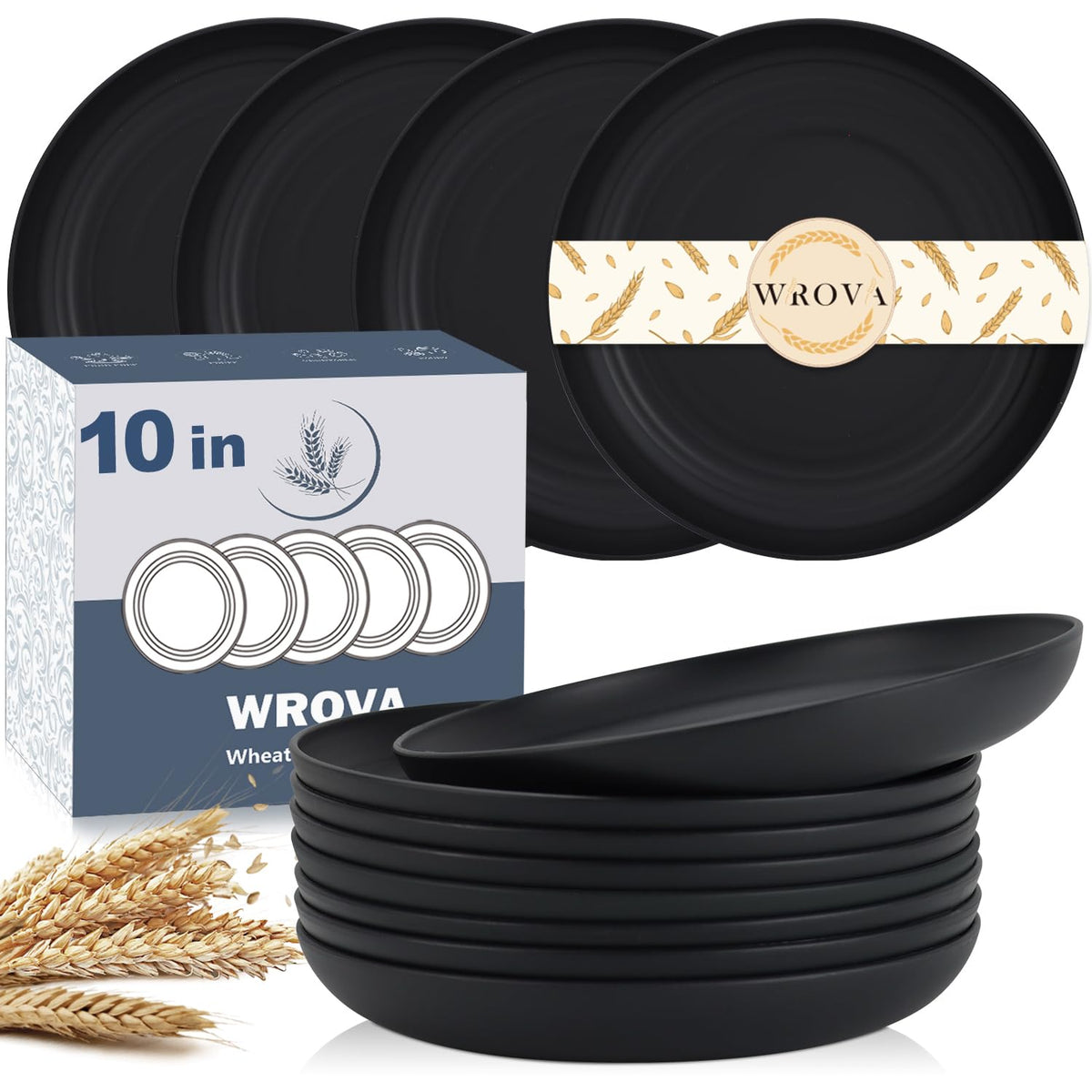 Wrova Large Wheat Straw Dinner Plates - 11 Inch Unbreakable Set of 8 - Dishwasher & Microwave Safe, Deep Edge for Kitchen and Camping (Black)