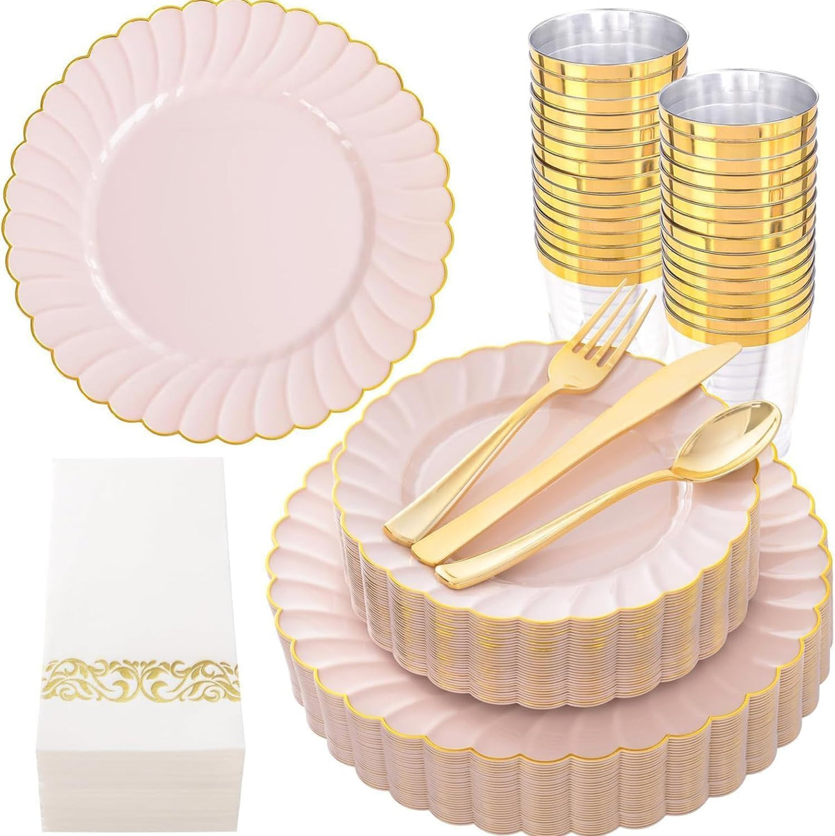 YOUBET 350PCS Ivory Scalloped Plastic Plates for Wedding Party