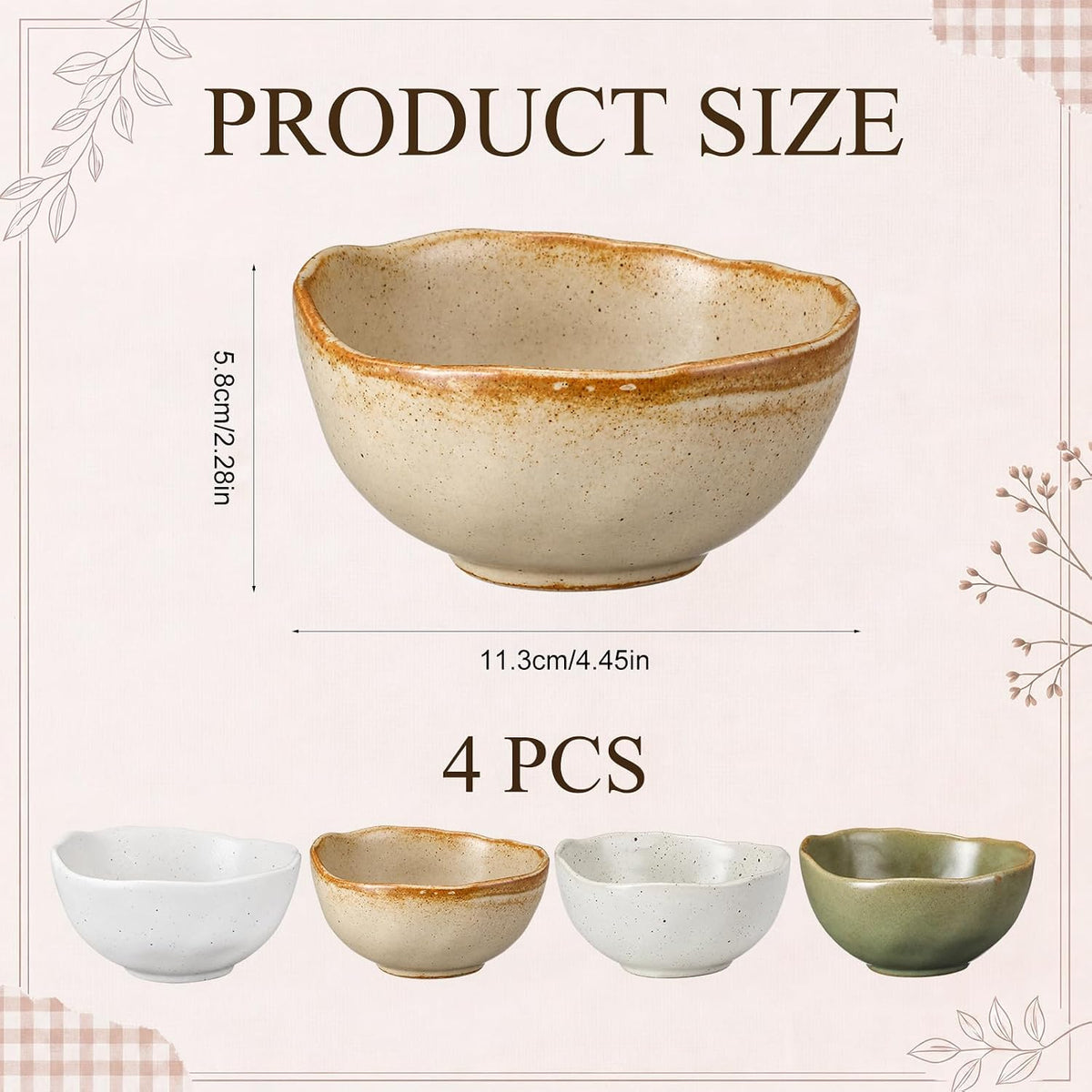 Mifoci 8 oz Set of 4 Ceramic Small Bowls, Cereal Bowls for Dessert, Yogurt, Dipping, Side Dishes, Farmhouse Vintage Dinnerware for Kitchen Weddings