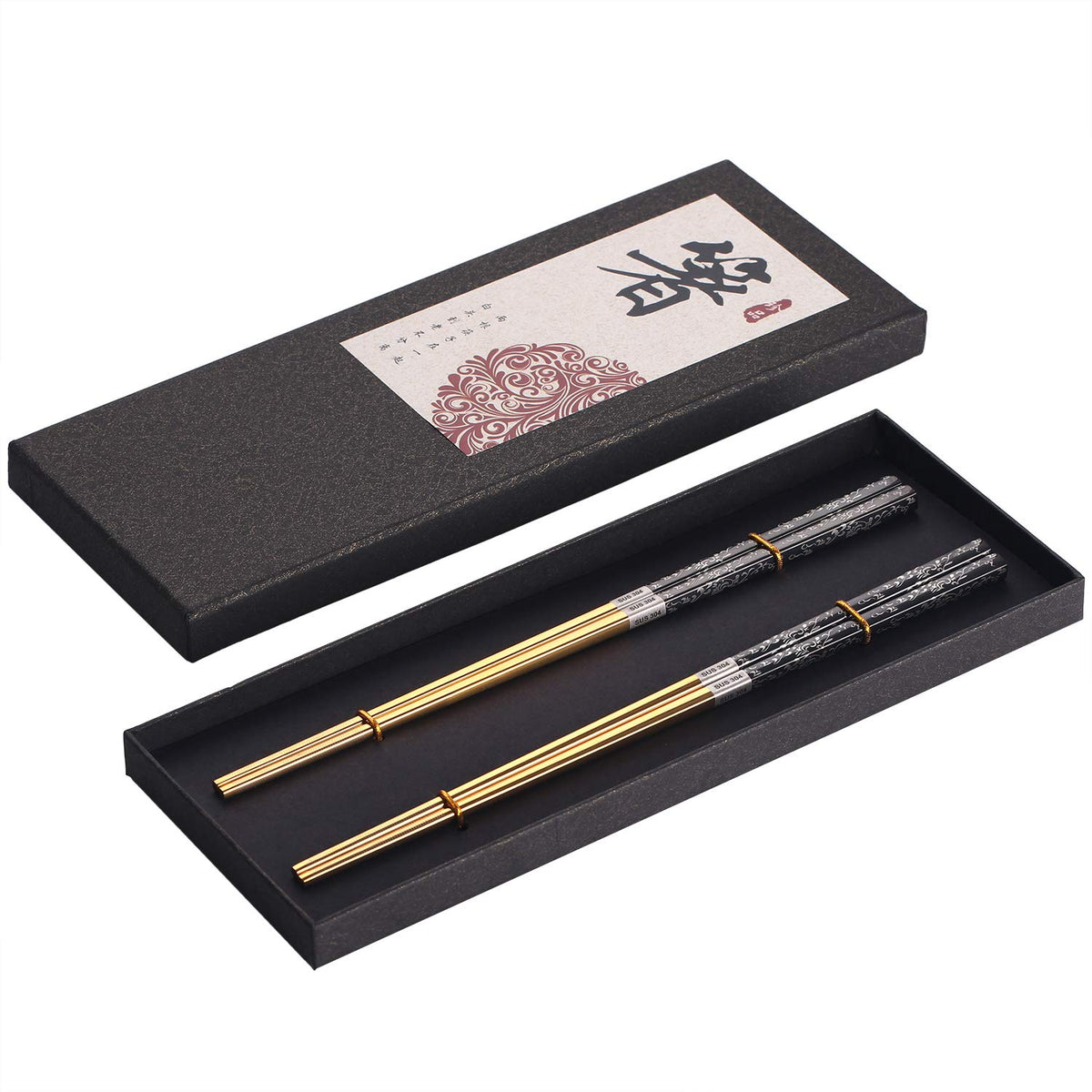 Stainless Steel Chopsticks Titanium Plated Metal Chopsticks Reusable Dishwasher safe Premium Japanese Korean Chopstick Laser Engraved Anti-slip Chop Sticks for Eating 2 Pairs Gift Set Black Silver
