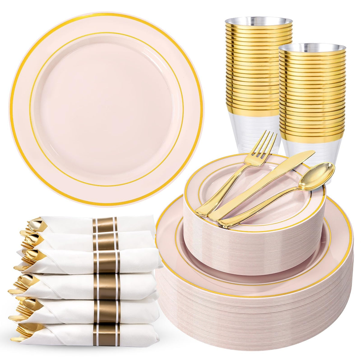 WDF Partyware 350Piece Gold Dinnerware Set for 50 Guests - Gold Plastic Plates with Disposable Cutlery - 50Dinner Plates-50Dessert Plates-50Pre Rolled Napkins with Silverware for Wedding/Birthday