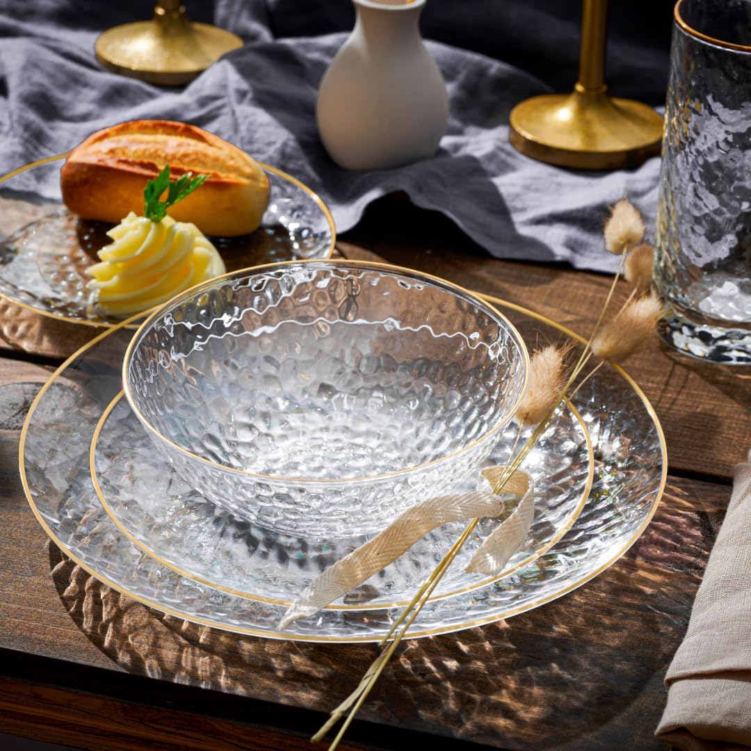 R-kay 100 Pack 7 Inch Clear Plastic Plates - Hammered Gold Rimmed Sturdy, Durable And Extra Heavy duty Gold Plastic Dessert, Appetizer Plates Disposable For All Occasions