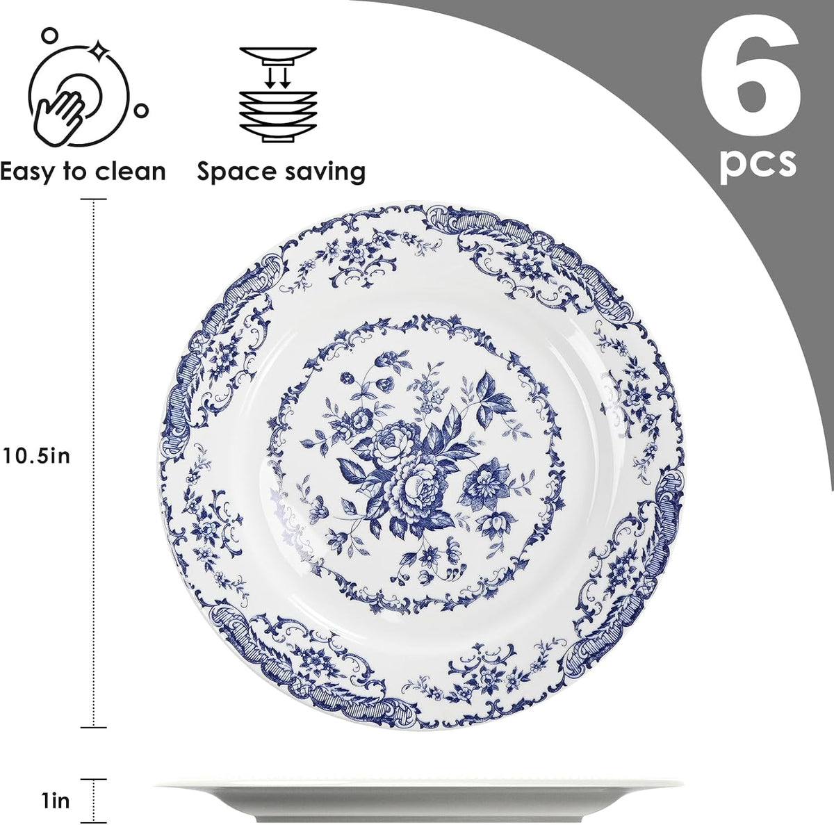 Dinner Plates Set of 6, 10.5 inch Blue Rose Floral Plate