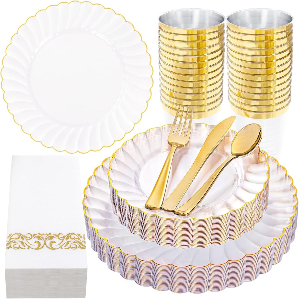YOUBET 350PCS Ivory Scalloped Plastic Plates for Wedding Party