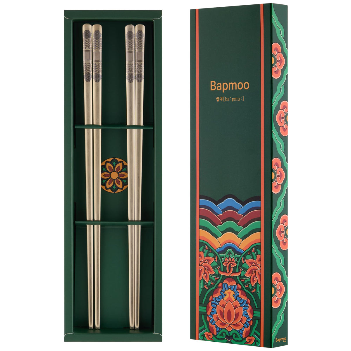 Korean Matte Silver Stainless Steel Chopsticks, 2 Pairs, Dancheong Engraved