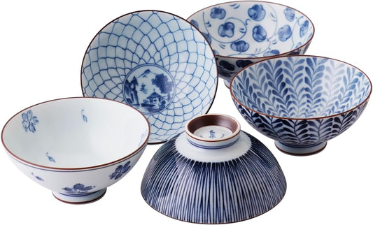 Mino Ware Japanese Pottery Set - Traditional Rice Bowls - Blue and White Asian Bowls - Hand Painted - Premium Ceramic - 5 Piece Soup Bowl Set
