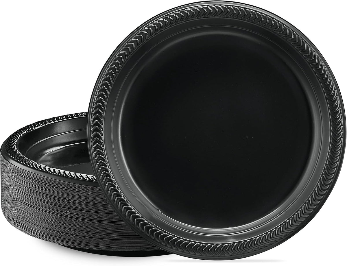 PLASTICPRO 100 PCS Black Plastic Plates Light Weight 9 Inch Plastic Dinner Plates Black Plates Disposable for Party and Wedding
