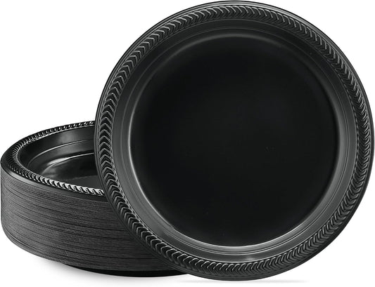 PLASTICPRO 100 PCS Black Plastic Plates Light Weight 9 Inch Plastic Dinner Plates Black Plates Disposable for Party and Wedding