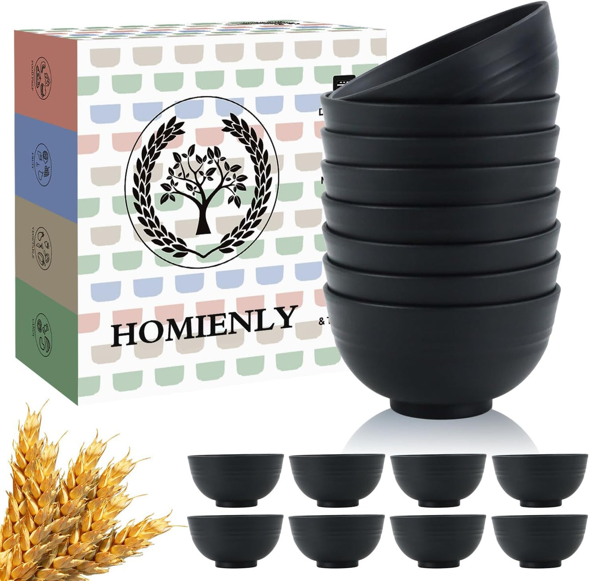 Homienly Wheat Straw Small Bowl Set of 8, Unbreakable Dessert Bowl - 10 OZ, Wheat Straw Mini Bowls for Kitchen, Kids, Microwave and Dishwasher Safe Bowls for Snack, Appetizer, Ice Cream (Black)