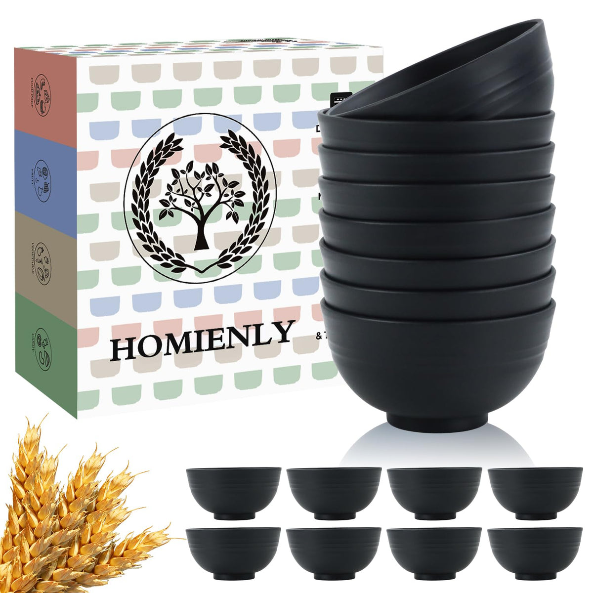Homienly Wheat Straw Small Bowl Set of 8, Unbreakable Dessert Bowl - 10 OZ, Wheat Straw Mini Bowls for Kitchen, Kids, Microwave and Dishwasher Safe Bowls for Snack, Appetizer, Ice Cream (Black)