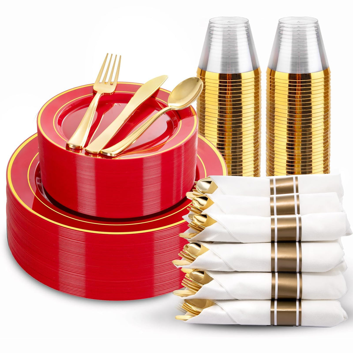 WDF Partyware 350Piece Gold Dinnerware Set for 50 Guests - Gold Plastic Plates with Disposable Cutlery - 50Dinner Plates-50Dessert Plates-50Pre Rolled Napkins with Silverware for Wedding/Birthday