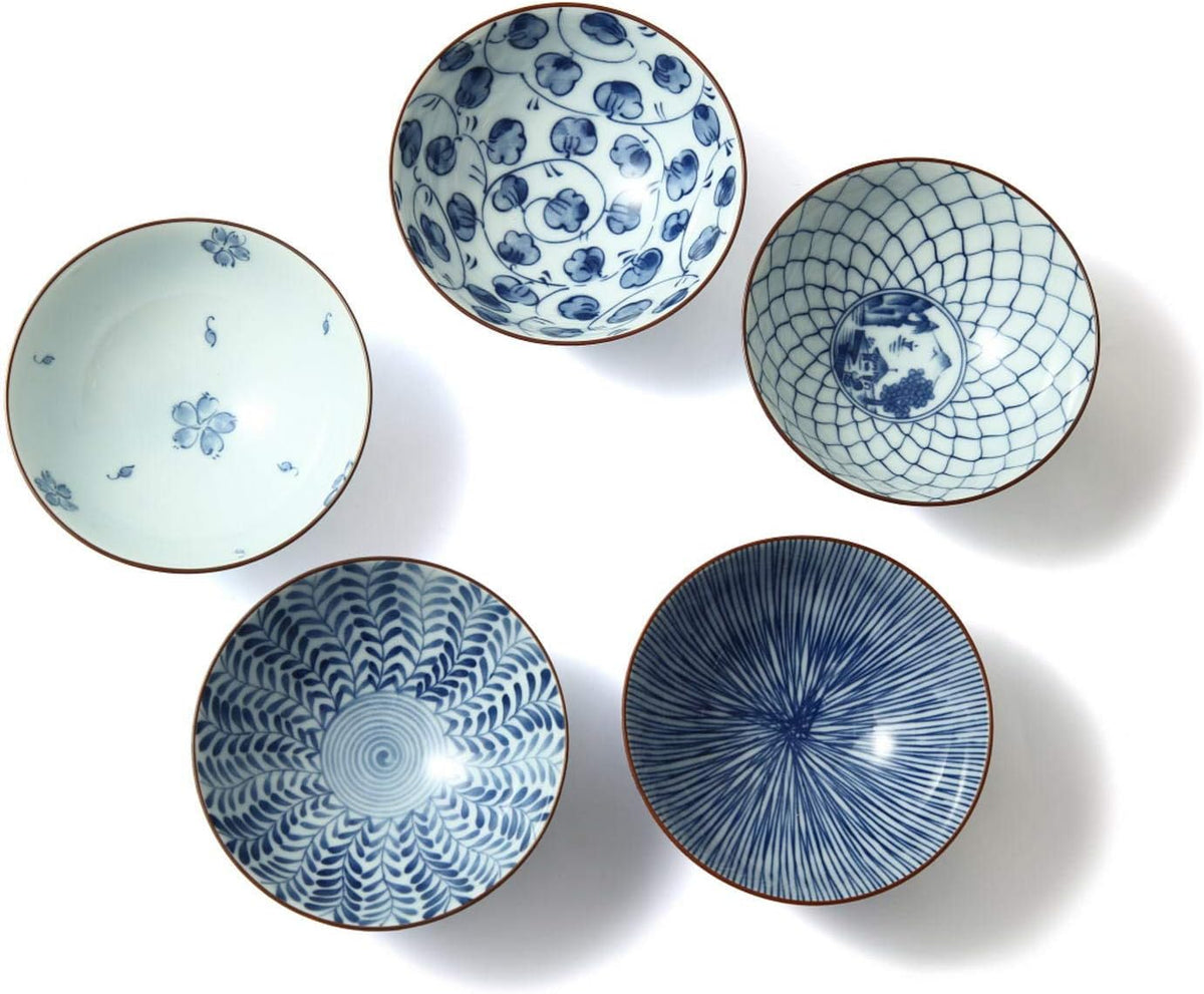 Mino Ware Japanese Pottery Set - Traditional Rice Bowls - Blue and White Asian Bowls - Hand Painted - Premium Ceramic - 5 Piece Soup Bowl Set