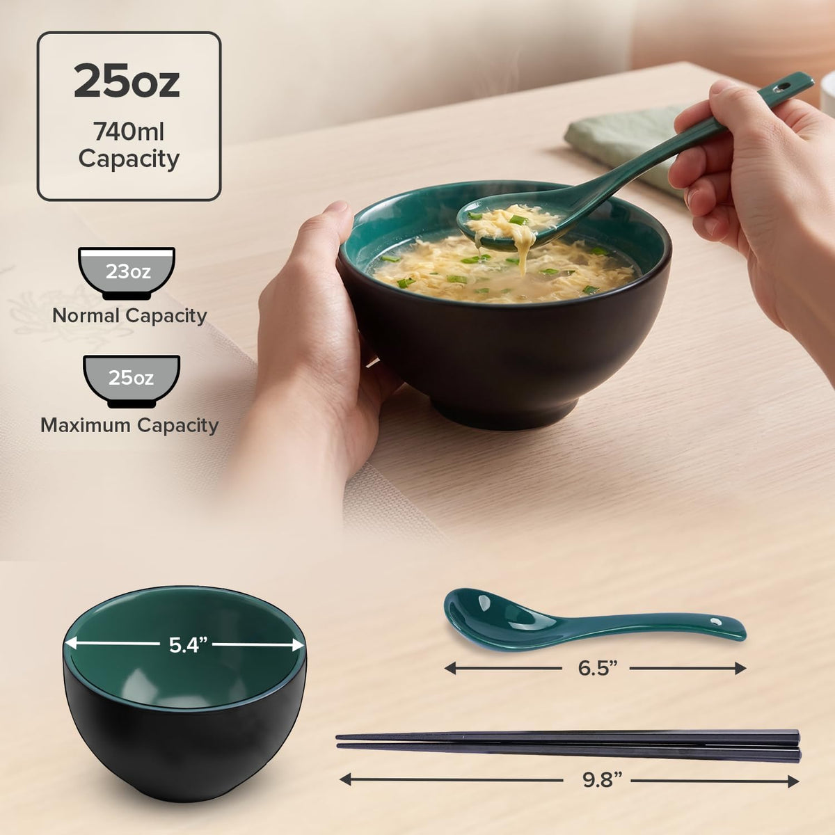 Rice Bowl Set of 2 with Chopsticks and Spoons, 5.4" Black and Green, 25 oz