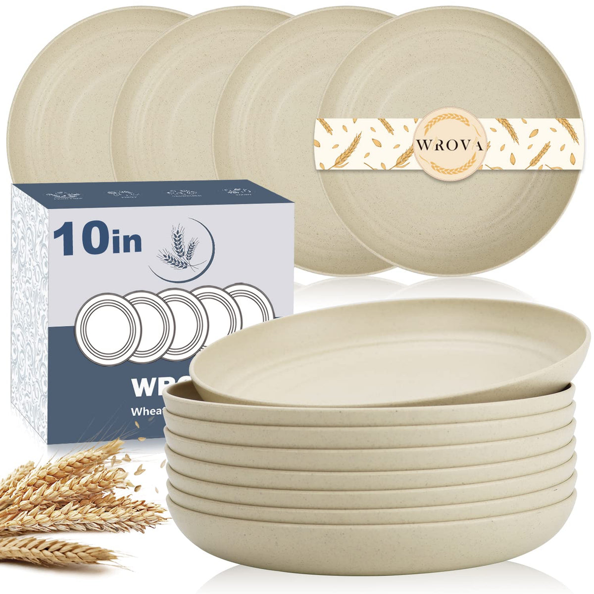 Wrova Large Wheat Straw Dinner Plates - 11 Inch Unbreakable Set of 8 - Dishwasher & Microwave Safe, Deep Edge for Kitchen and Camping (Black)