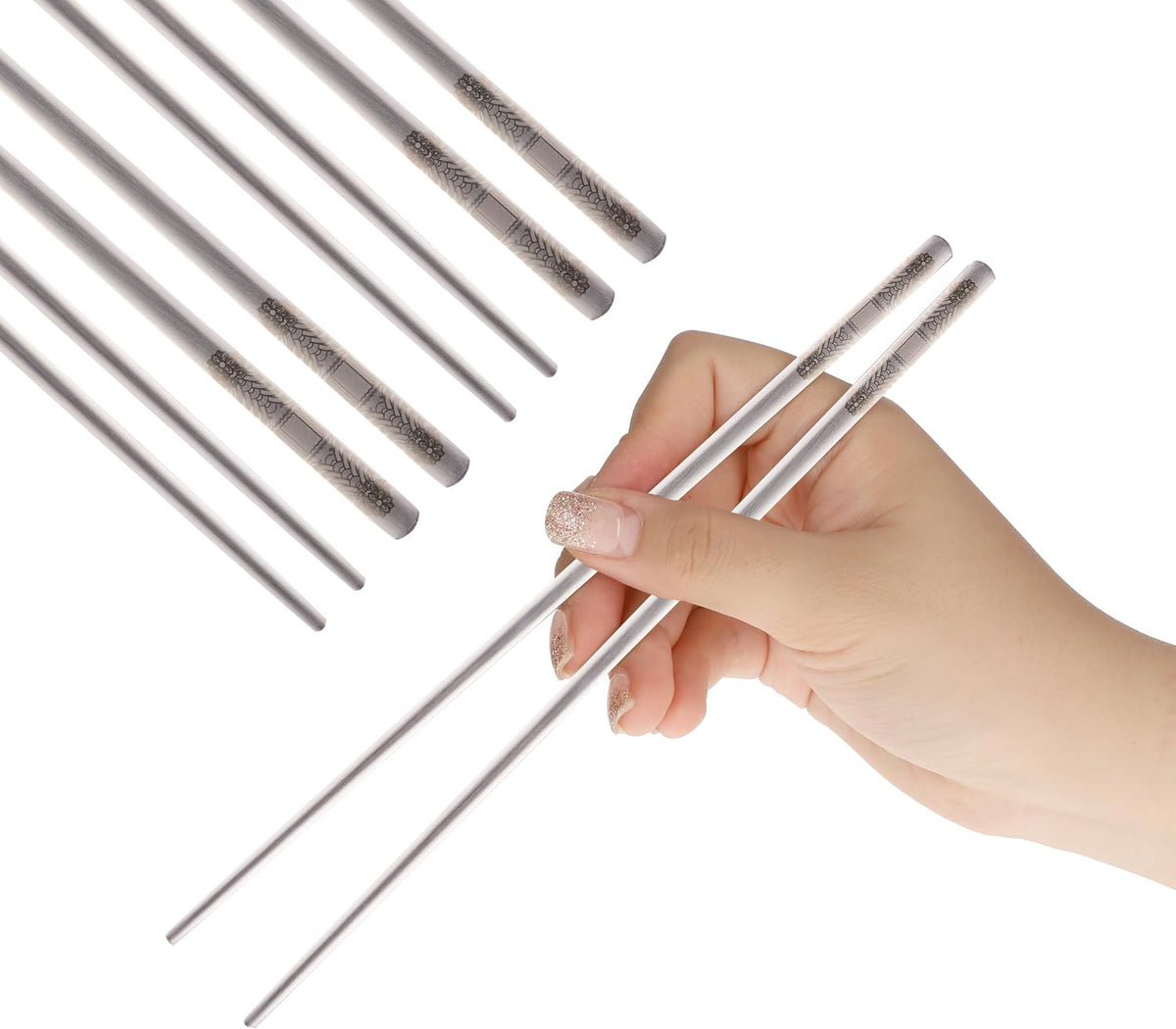 Korean Matte Silver Stainless Steel Chopsticks, 2 Pairs, Dancheong Engraved