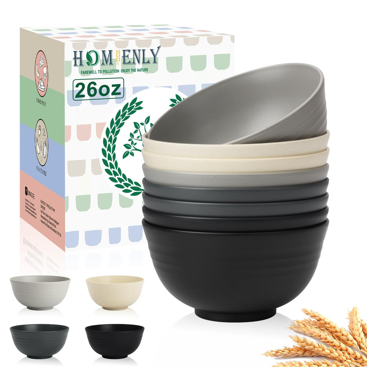 Homienly Wheat Straw Small Bowl Set of 8, Unbreakable Dessert Bowl - 10 OZ, Wheat Straw Mini Bowls for Kitchen, Kids, Microwave and Dishwasher Safe Bowls for Snack, Appetizer, Ice Cream (Black)