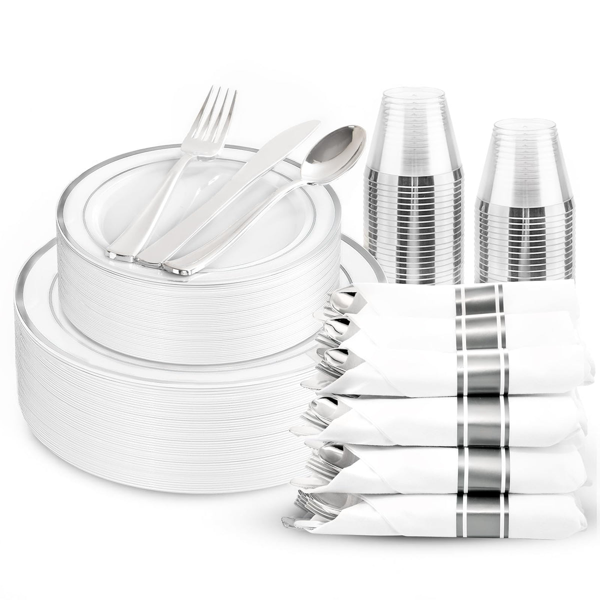 WDF Partyware 350Piece Gold Dinnerware Set for 50 Guests - Gold Plastic Plates with Disposable Cutlery - 50Dinner Plates-50Dessert Plates-50Pre Rolled Napkins with Silverware for Wedding/Birthday