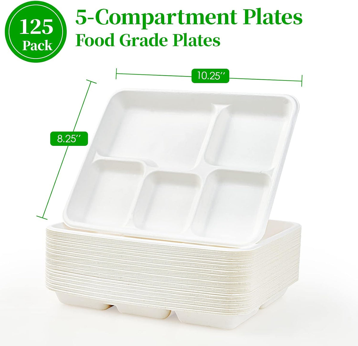 ECOLipak Compostable Disposable 5 Compartment Paper Plates, 10.25inch