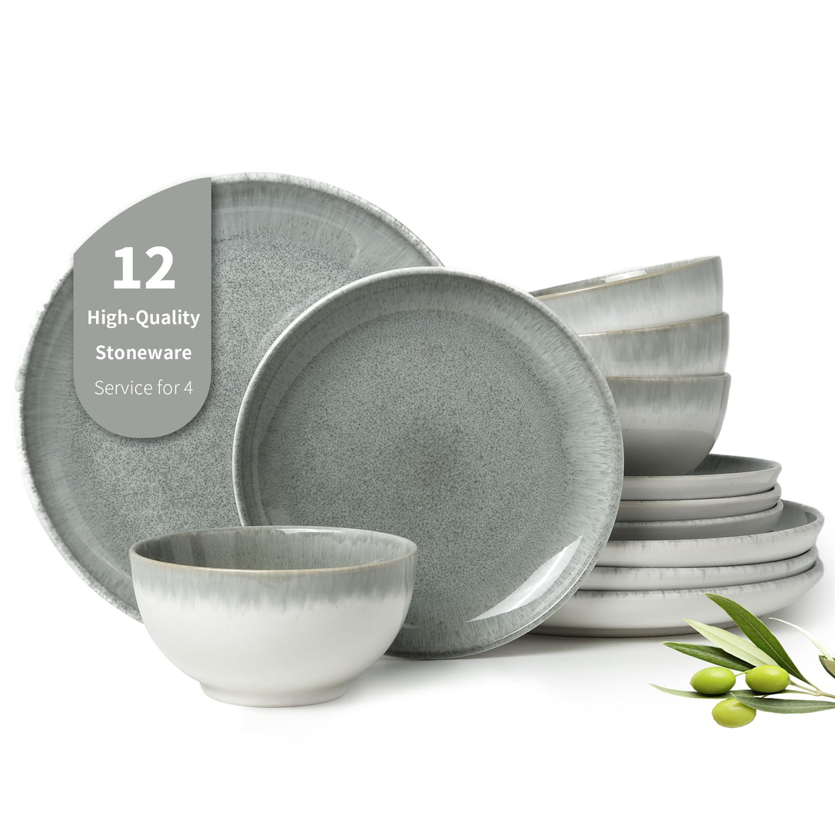 Pokini Stoneware Dinnerware Sets for 4, 12pcs Plates and Bowls Sets Dishes