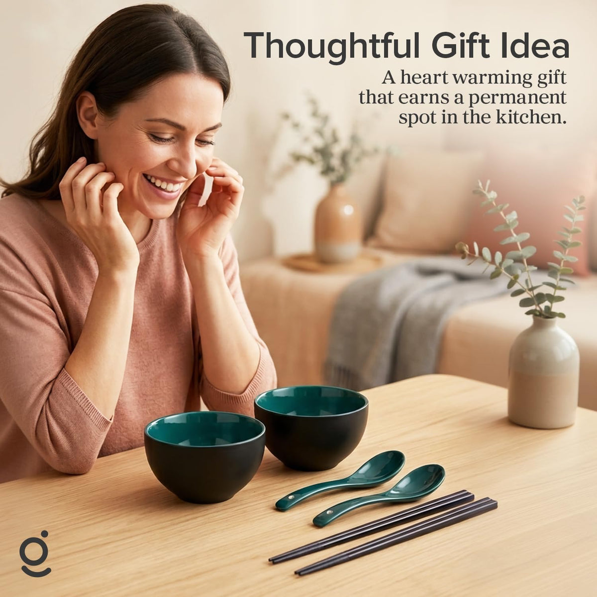 Rice Bowl Set of 2 with Chopsticks and Spoons, 5.4" Black and Green, 25 oz