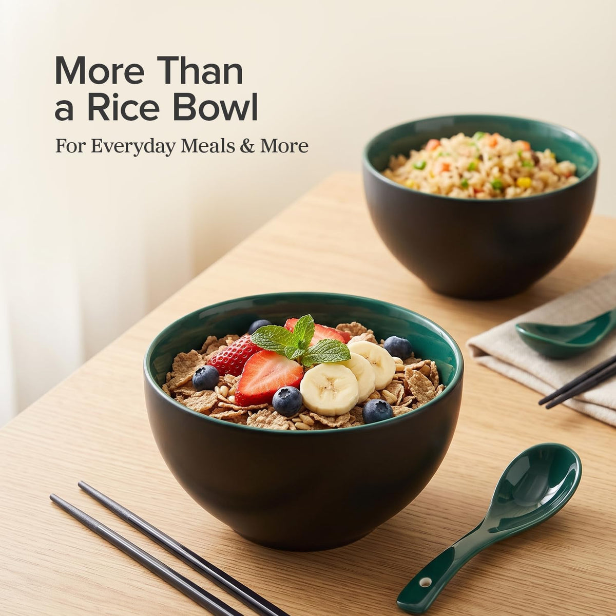 Rice Bowl Set of 2 with Chopsticks and Spoons, 5.4" Black and Green, 25 oz