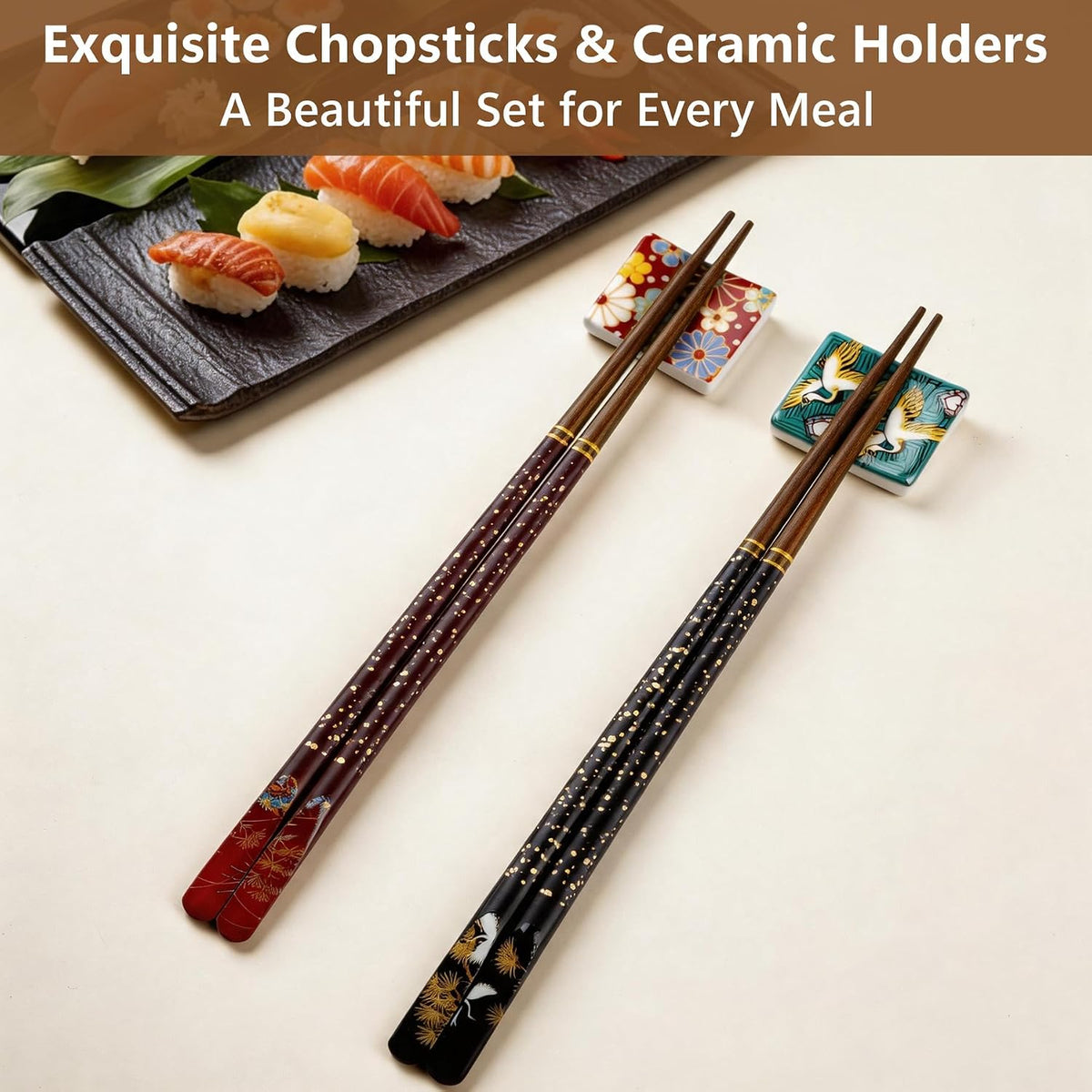 Antner 2 Pairs Reusable Wooden Chopsticks with 2PCS Ceramic Rests Set, 9in